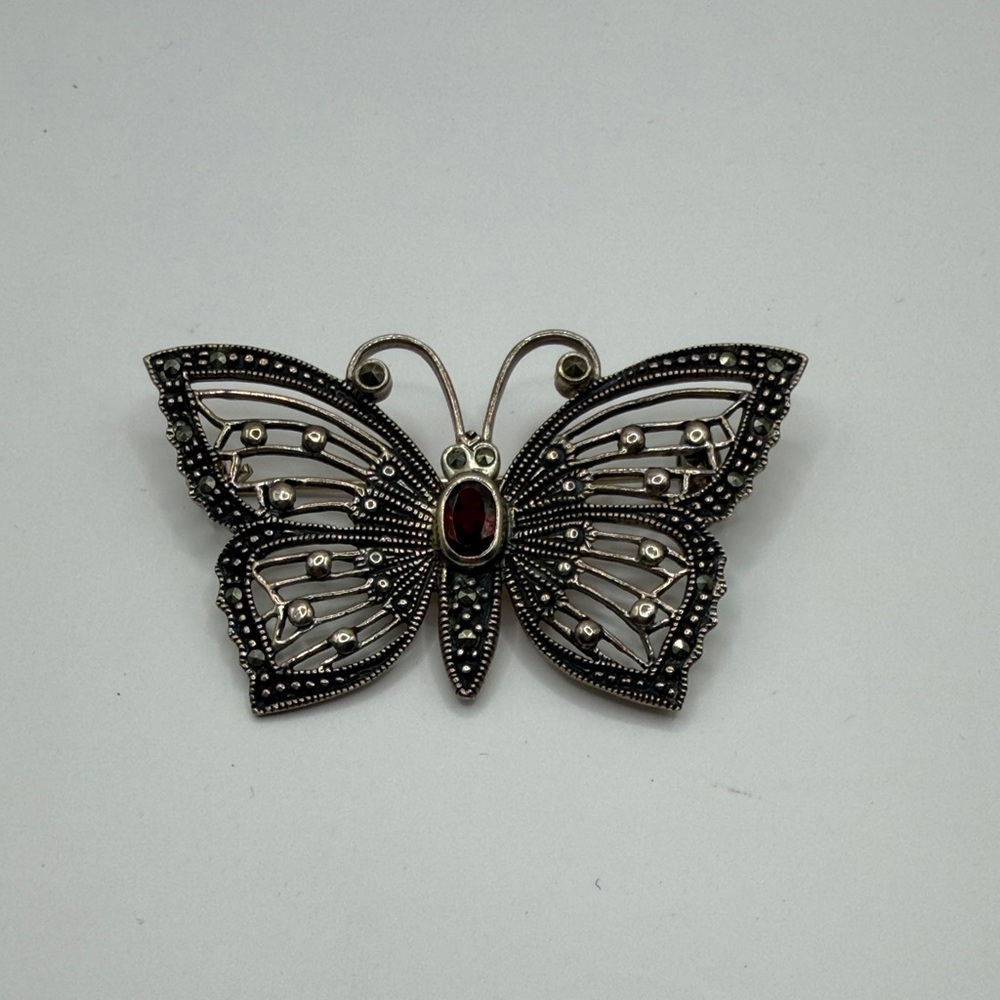 Vintage Silver Butterfly Brooch with Marcasite and Garnet